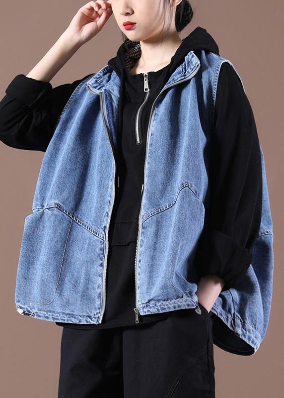 2021 Drawstring Zipper Wash Blue Stand Collar Vest