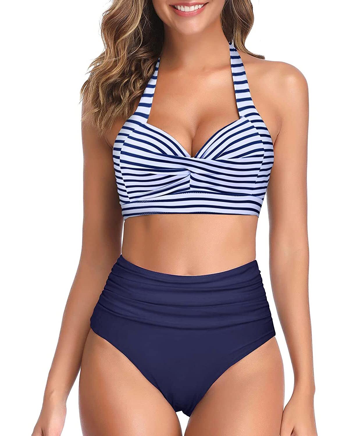 TYPE-02 Women Two Piece Vintage Swimsuit Retro Halter Ruched High Waist Bikini with Bottom