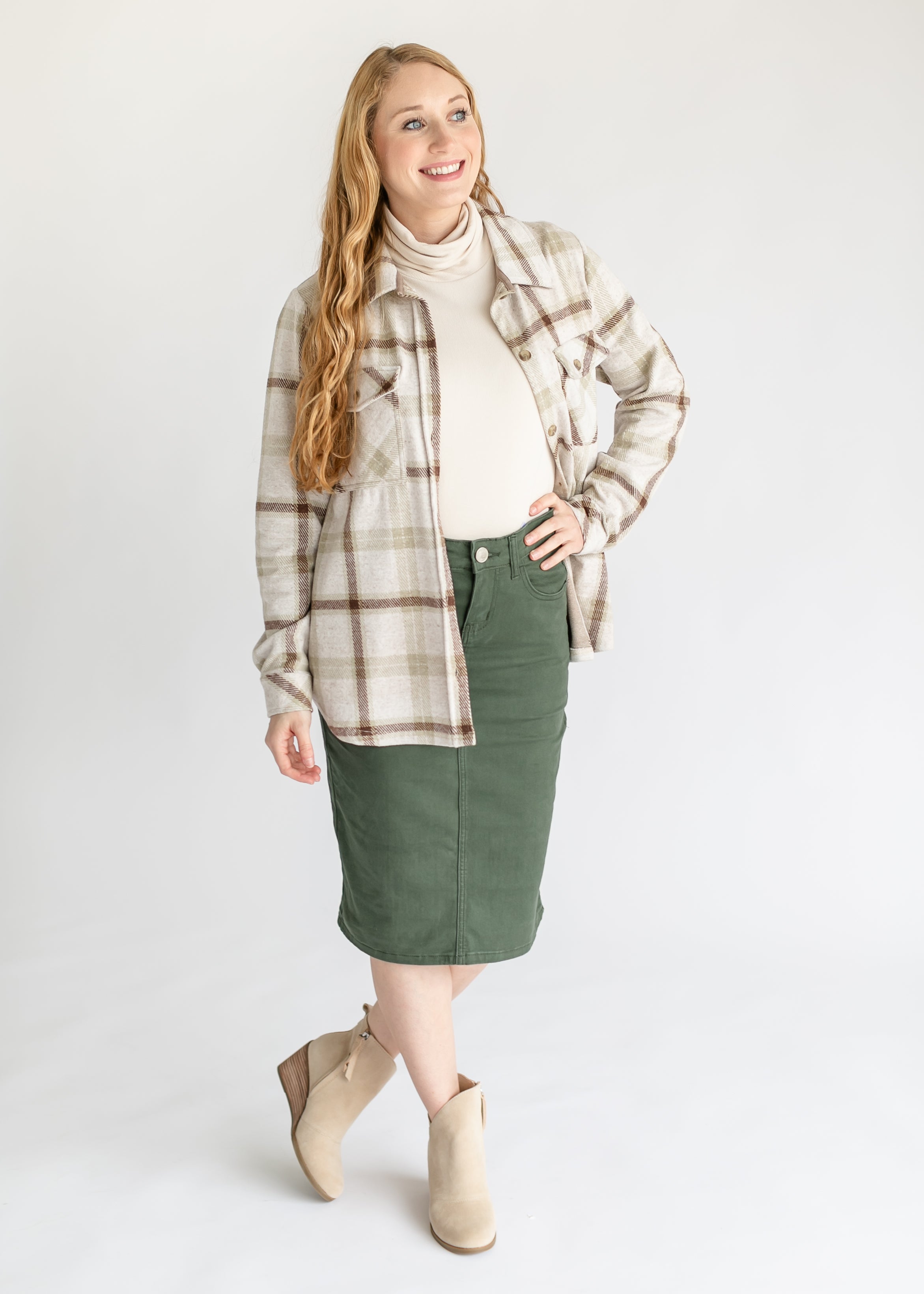 Remi Olive Branch Denim Midi Skirt